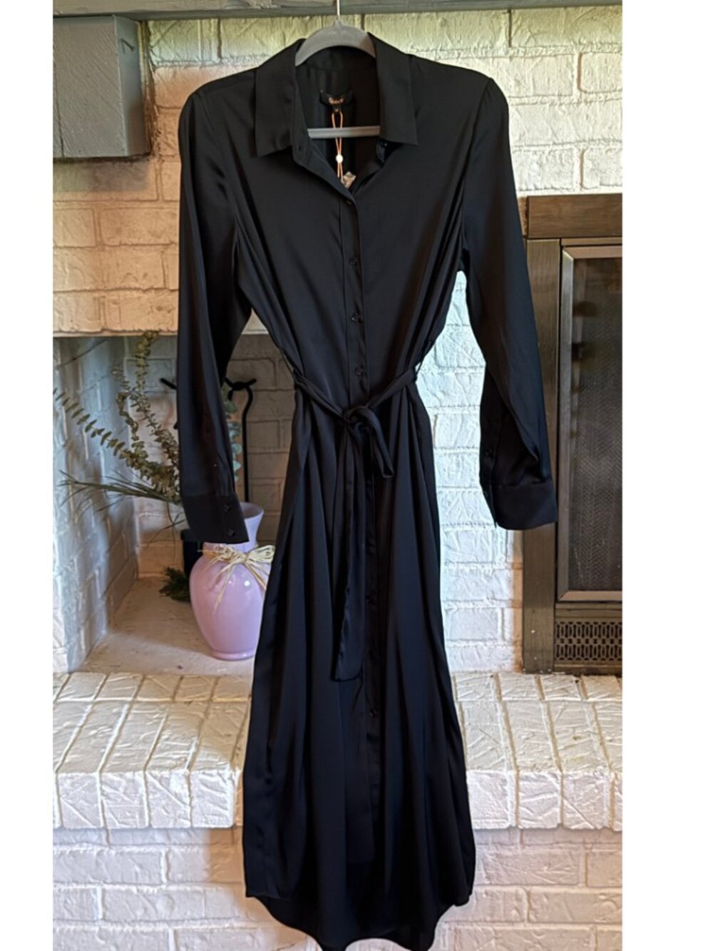Quince Washable Stretch Silk Maxi Shirt Dress NWT Black Medium Belted